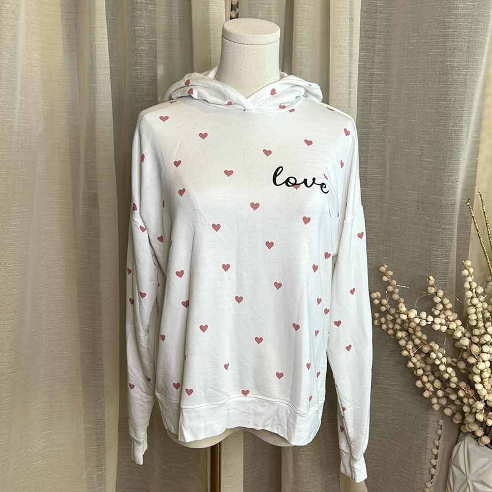 Marled Sz M Soft Cotton Hoodie Lounge sweater Cream with Hearts Love